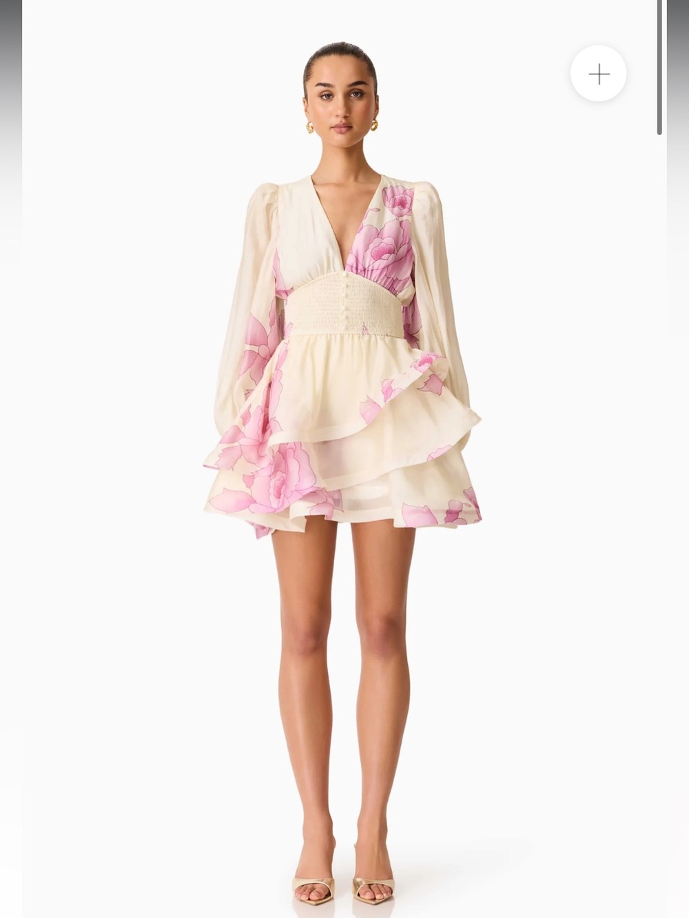 elliatt rova cream & pink floral print long sleeve ruffle mini dress size small